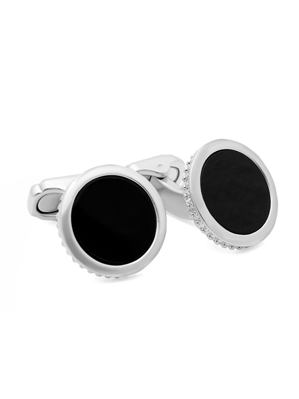 Cufflinks/Thomp/ White Bronze Plating/ Blk Agate Blue/ Satin