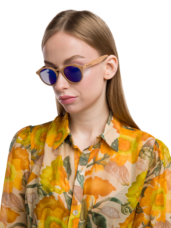 Camel-Colored Frames with Bright Blue Lenses Sunglasses
