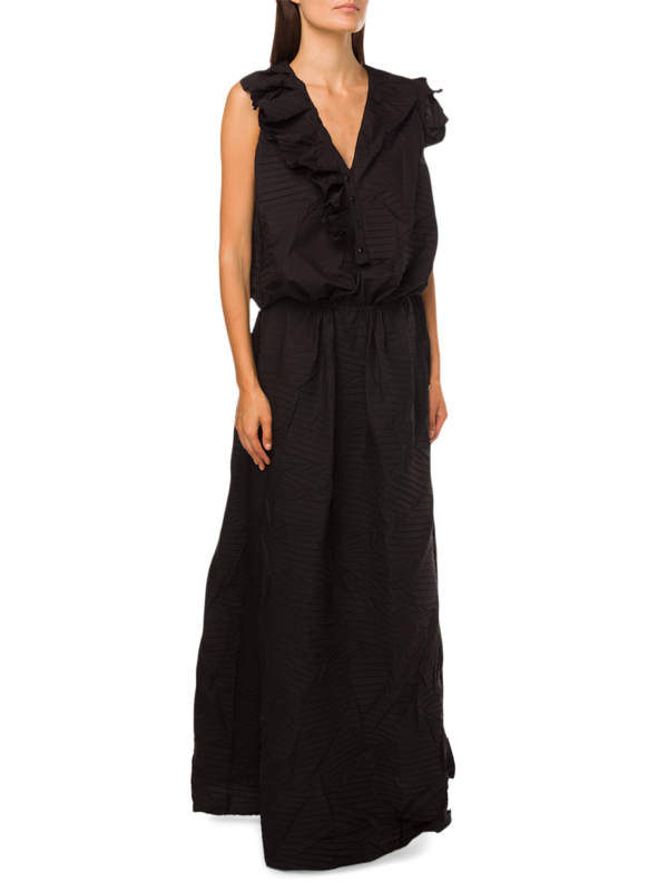 Long 3D Leaf-effect Pleated Cot Dress w Det Ruf