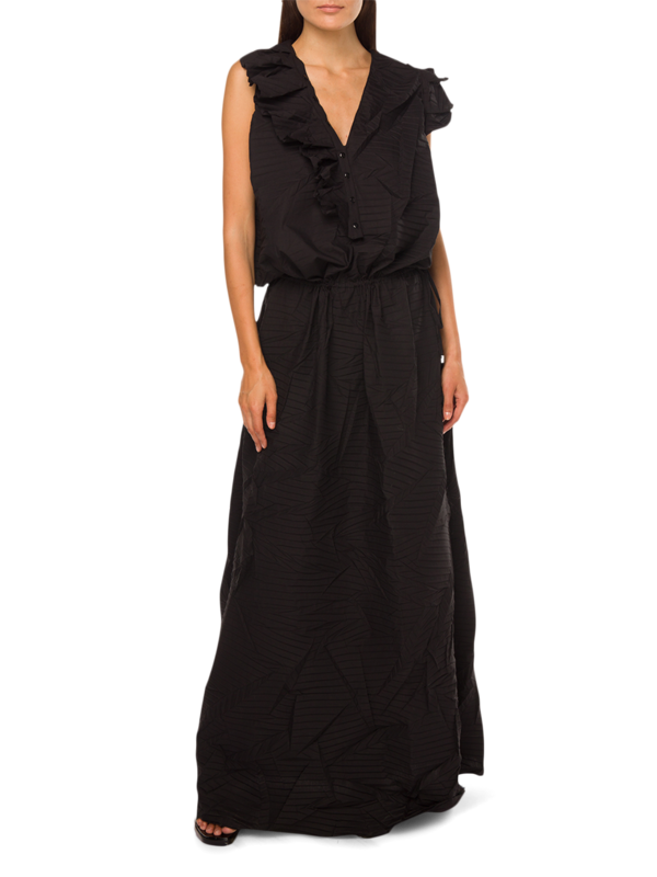 Long 3D Leaf-effect Pleated Cot Dress w Det Ruf
