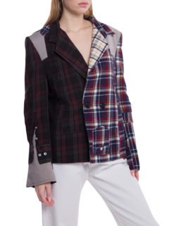 Two-Tone Plaid Blazer Jacket with Layered Accents