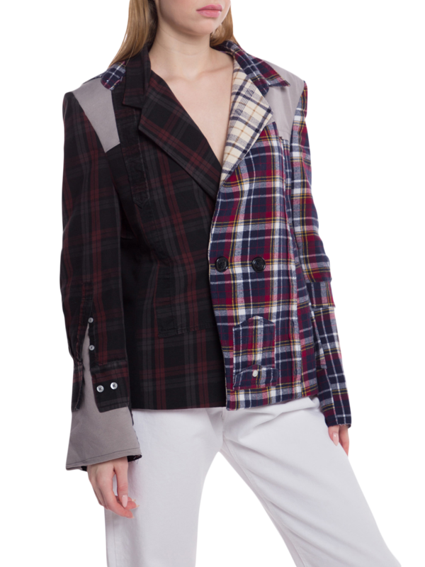 Two-Tone Plaid Blazer Jacket with Layered Accents