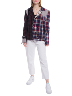 Two-Tone Plaid Blazer Jacket with Layered Accents