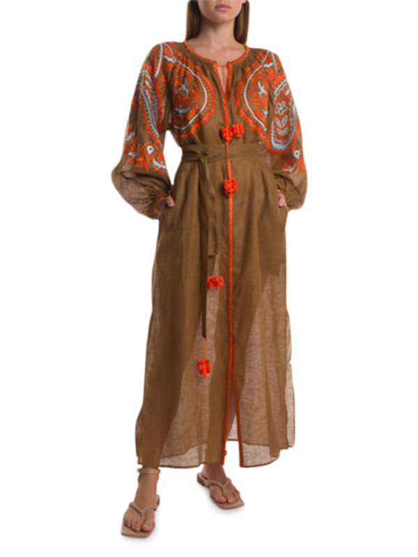 Olive Brown Embroidered Ece Maxi Dress