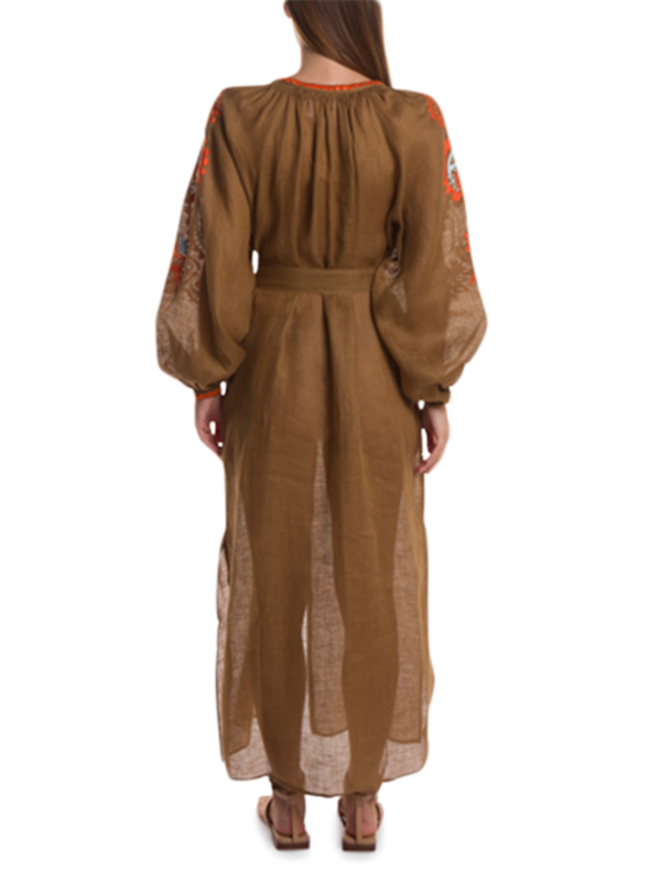 Olive Brown Embroidered Ece Maxi Dress