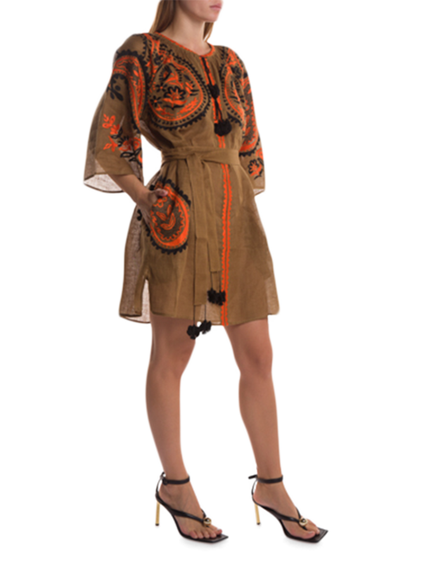 Olive Brown Embroidered Ece Mini Dress
