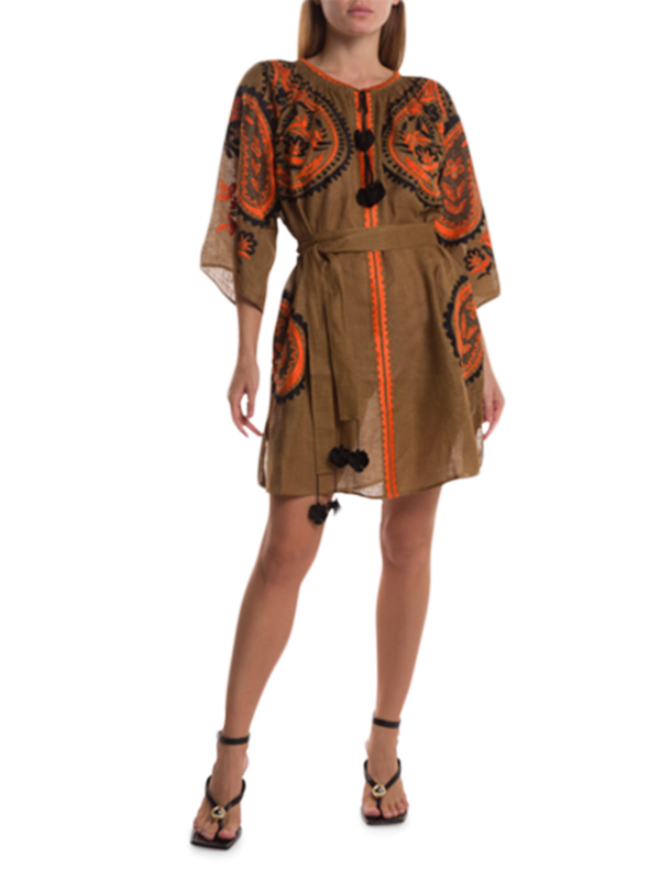 Olive Brown Embroidered Ece Mini Dress