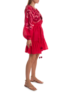 Red Ece Embroidered Mini Dress with Bishop Sleeves
