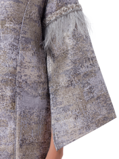 PURPLE ABSTRACT BROCADE WITH FEATHERS AND SLEEVE SLITS