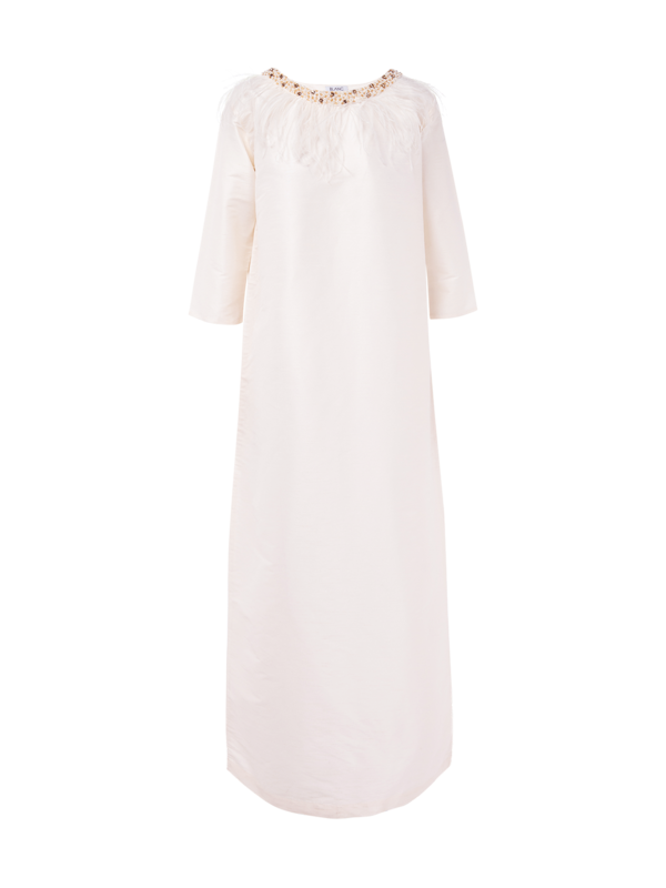 RAW SILK WITH NECK FEATHER EMBROIDERY