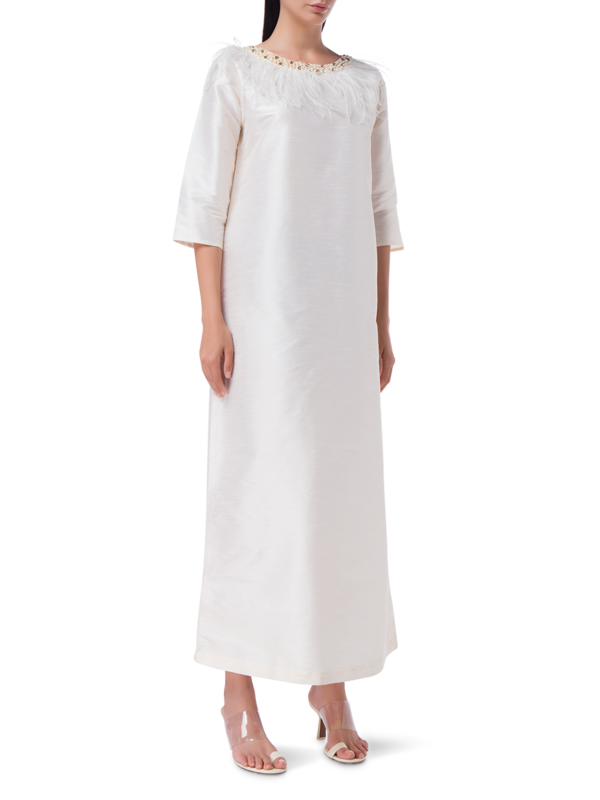 RAW SILK WITH NECK FEATHER EMBROIDERY