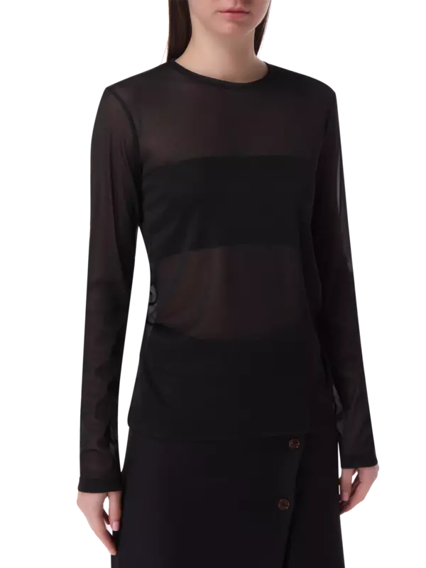 بلوزة شفافة بأكمام طويلة من الشاش مزينة بثنيات