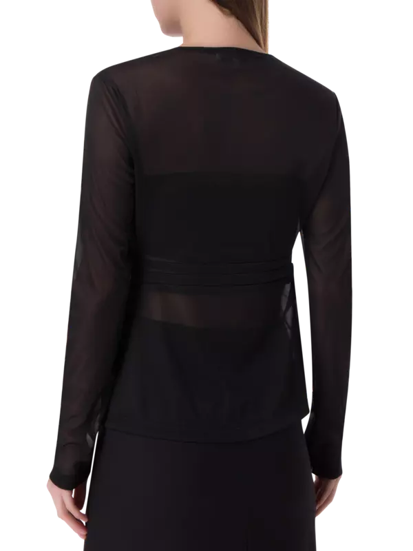 بلوزة شفافة بأكمام طويلة من الشاش مزينة بثنيات