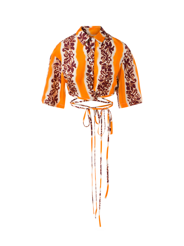 قميص قصير بأكمام قصيرة ورباط مزين بنقشة كركديه