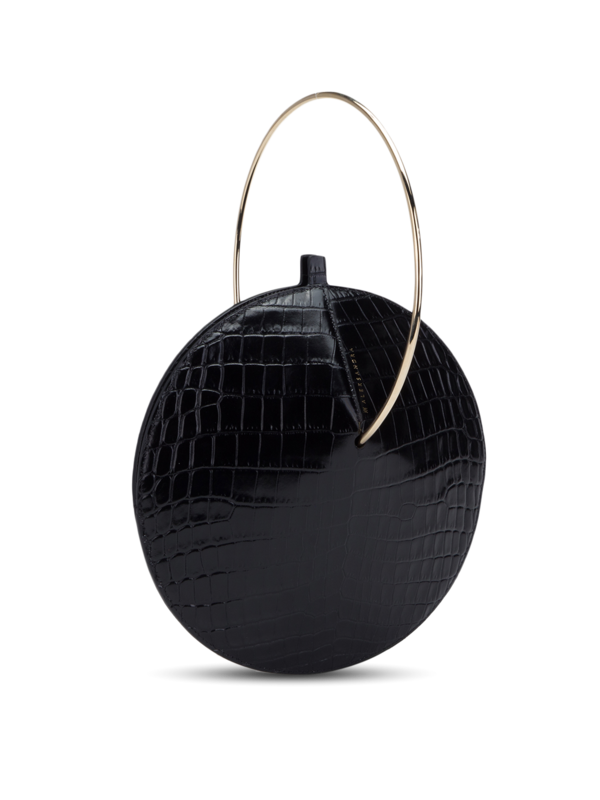 Croc Effect Leather Crossbody Flask Bag with Gold Handle