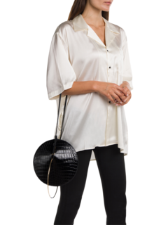 Croc Effect Leather Crossbody Flask Bag with Gold Handle