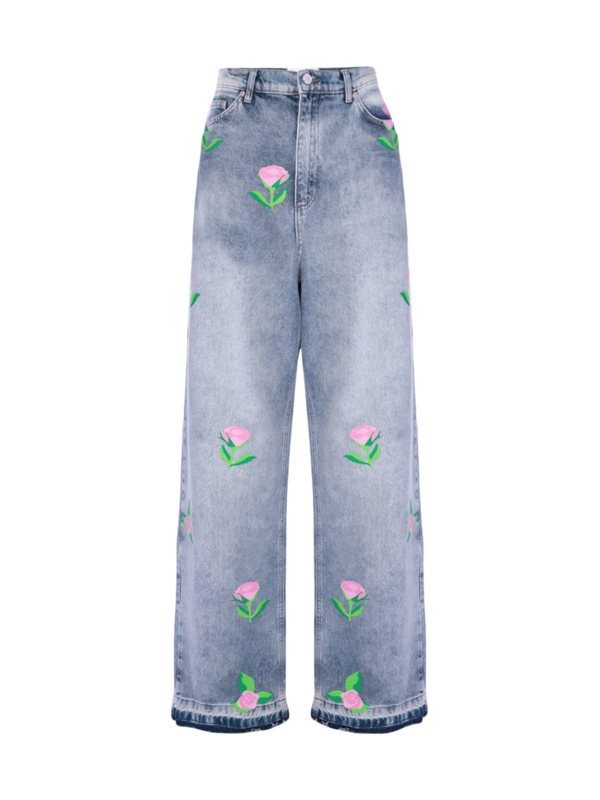 Rose-Printed Denim Jeans