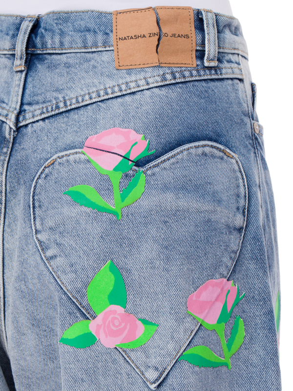 Rose-Printed Denim Jeans