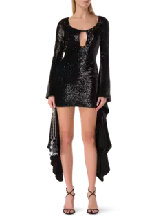 فستان ترتر قصير بأكمام طويلة ضيقة من الأعلى وواسعة من الأسفل