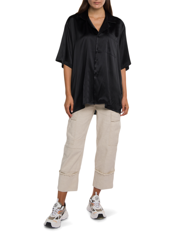 Oversized Silk Button-Down with Asymmetric Hemline