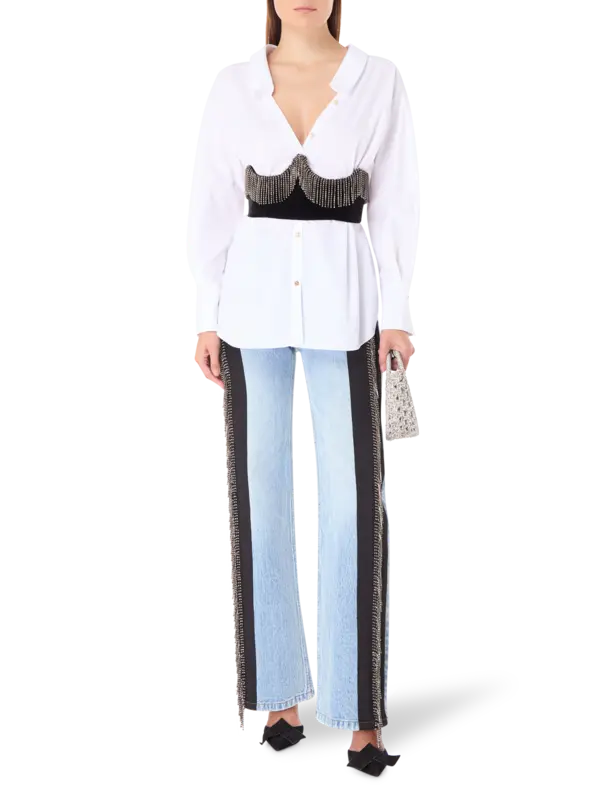 بنطال جينز بوي فريند أوكي مزين بشراشيب من الكريستال