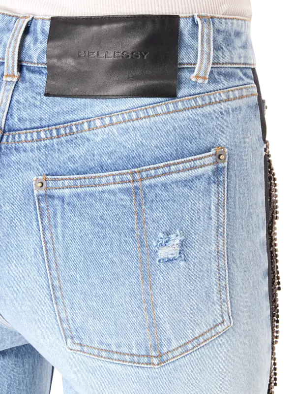 بنطال جينز بوي فريند أوكي مزين بشراشيب من الكريستال
