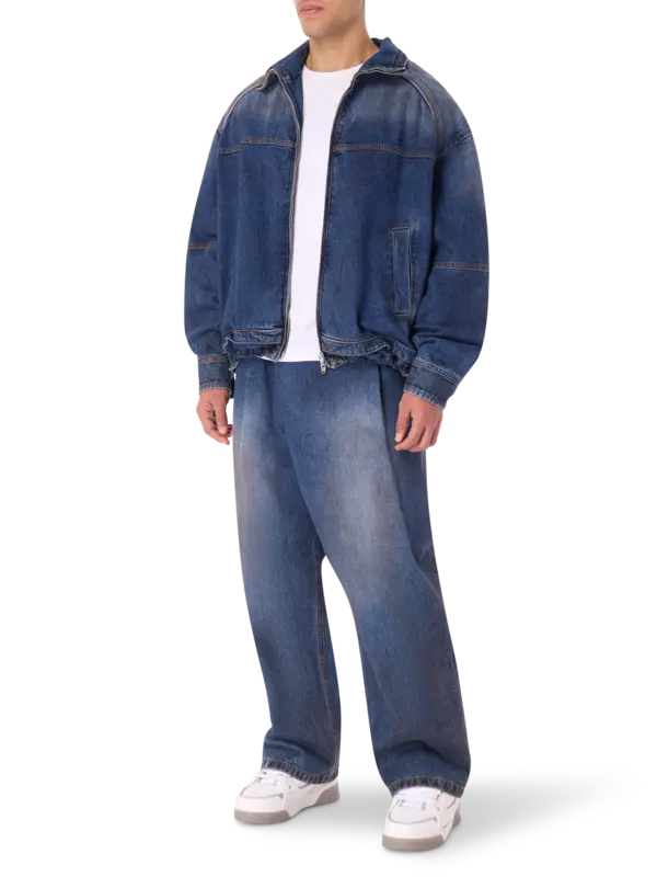 قميص بسحاب من الجينز المغسول بالزيت