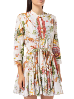 Floral Print L/Sleeve Beach\nDress with Cut Out Embroidery