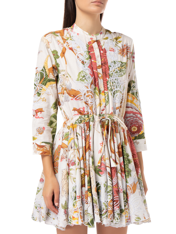 Floral Print L/Sleeve Beach\nDress with Cut Out Embroidery