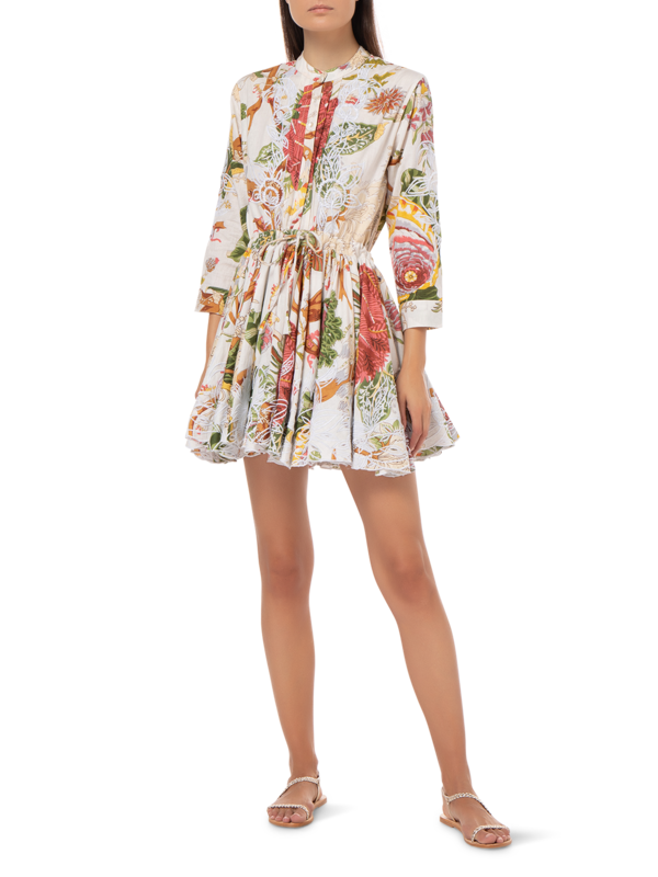 Floral Print L/Sleeve Beach\nDress with Cut Out Embroidery