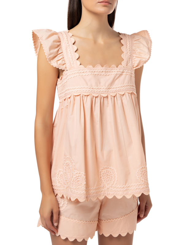 Poplin Baby Doll Top with\nRic Rac Embroidery
