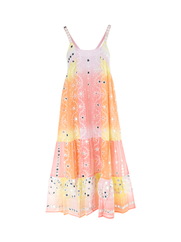 Long Dress in Tie Dye Nomad\nPrint with Mirror Embroidery