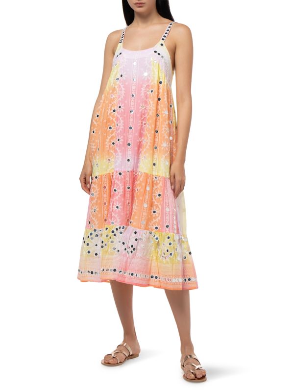 Long Dress in Tie Dye Nomad\nPrint with Mirror Embroidery