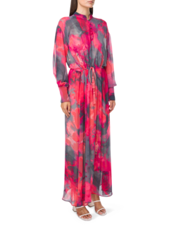 Chiffon Maxi Dress with Floral Pattern and High Neckline