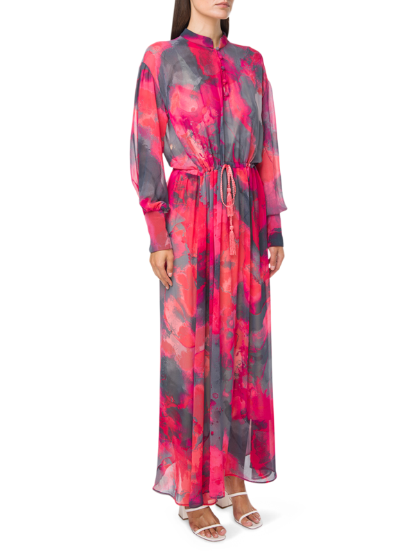 Chiffon Maxi Dress with Floral Pattern and High Neckline