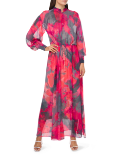 Chiffon Maxi Dress with Floral Pattern and High Neckline