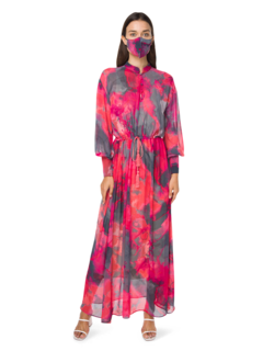 Chiffon Maxi Dress with Floral Pattern and High Neckline