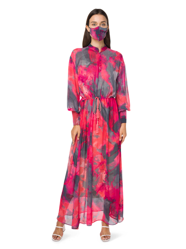 Chiffon Maxi Dress with Floral Pattern and High Neckline