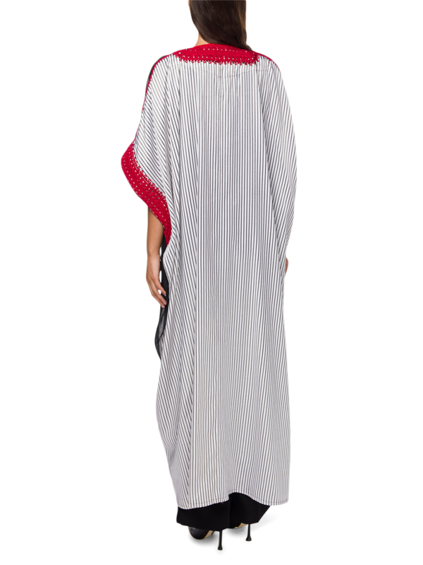 Striped Kaftan with Sheer Paneling and Embroidered Edges