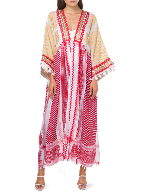 Embroidered Kaftan with Pompoms