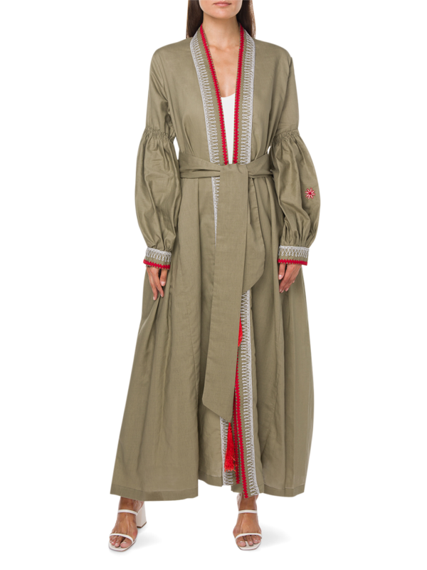 Embroidered Kaftan with Trimmed Edges and Matching Belt