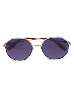 Silver Hexagonal Sunglasses with Navy Tinted Lenses