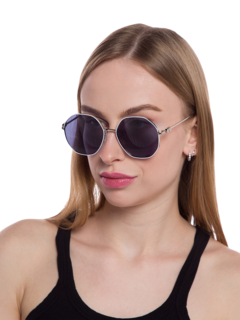 Silver Hexagonal Sunglasses with Navy Tinted Lenses