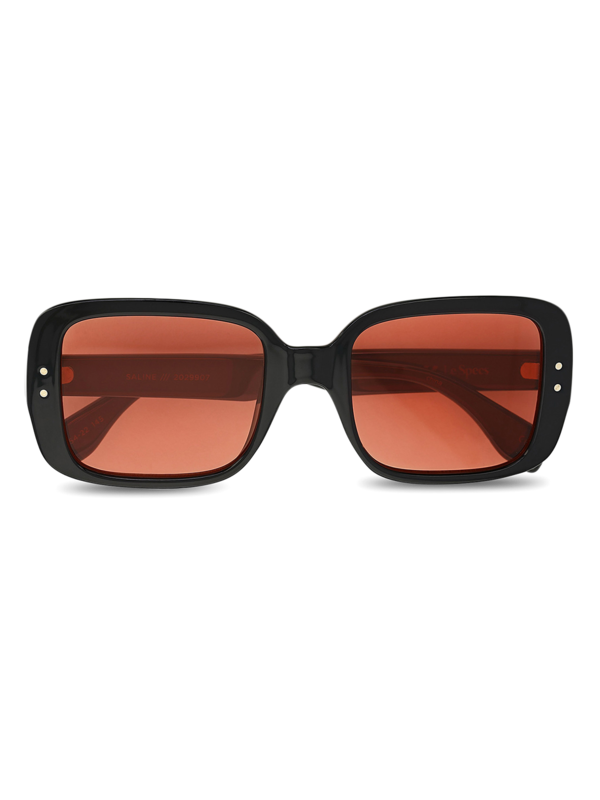 Thick-Rimmed Rectangle Sunglasses with Contrasting Peach Lenses