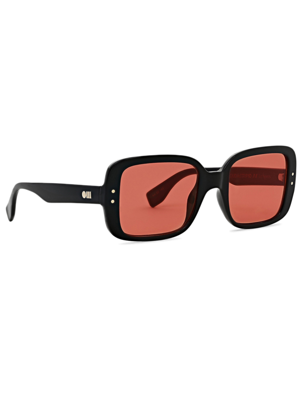 Thick-Rimmed Rectangle Sunglasses with Contrasting Peach Lenses