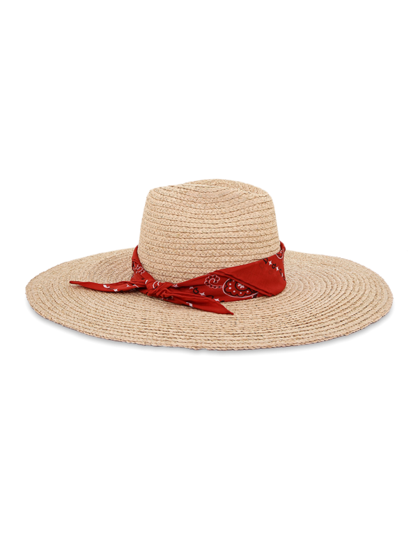 Beige Fedora With Red Bandana Strap