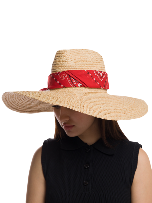 Beige Fedora With Red Bandana Strap