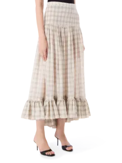 تنورة ماريا طويلة بطبقات من قماش الفوال بنقشة مربعات