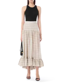 تنورة ماريا طويلة بطبقات من قماش الفوال بنقشة مربعات