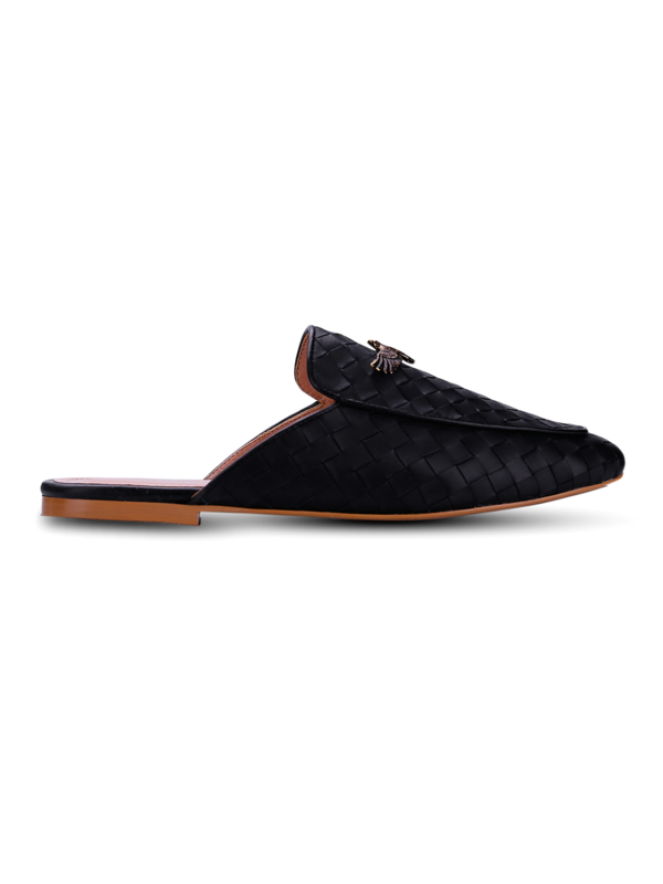 Woven Leather Mules with Eagle Plaque